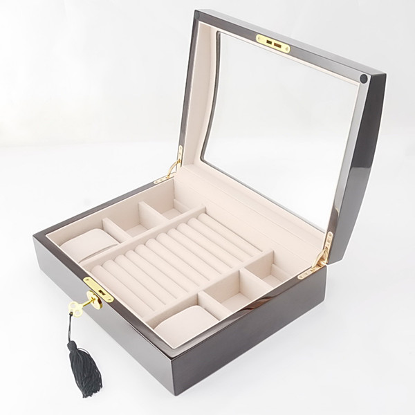 Luxury Ring plug-in jewelry box wooden multiple layers of high-gloss piano lacquer finish 2 grids watch box display ring case storage casket