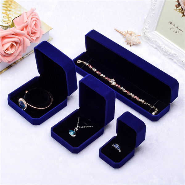 Blue square Velvet Jewelry boxes Packaging For Pendant Necklace Rings bracelet Bangle Wedding Engagement Gift Display Case