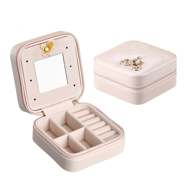 Cute Jewelry Box Portable Travel Jewelry Case Serpentine Leather Earrings Storage Box With Mirror Women Girls Gift