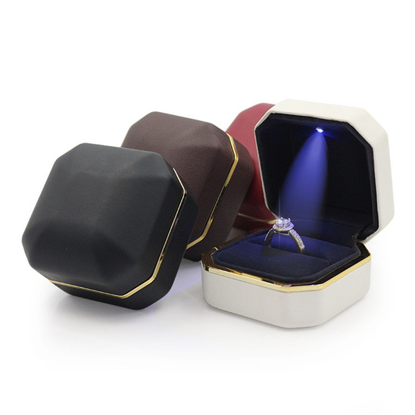 Valentine's Day PU Jewelry Boxes Fashion LED Engagement Ring Box Wedding Gift Ring Jewelry Packaging Boxes