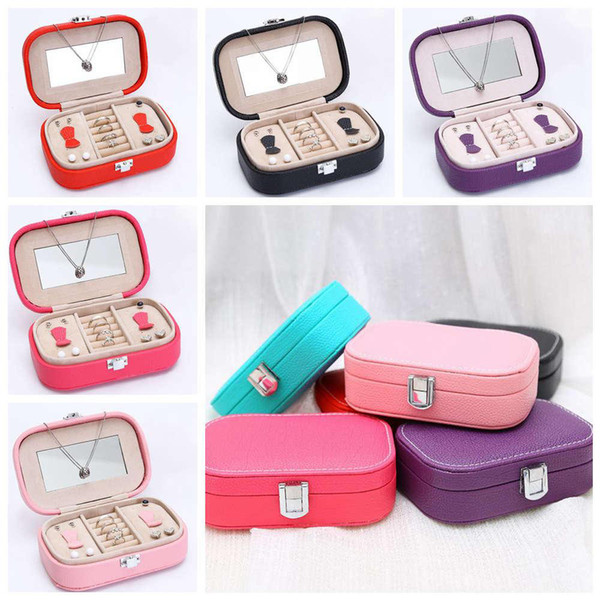 Litchi Stria Jewelry Storage Box Flip portable travel Organizer Creative Rings Earring Necklace Bracelet Leather Boxes With Mirror