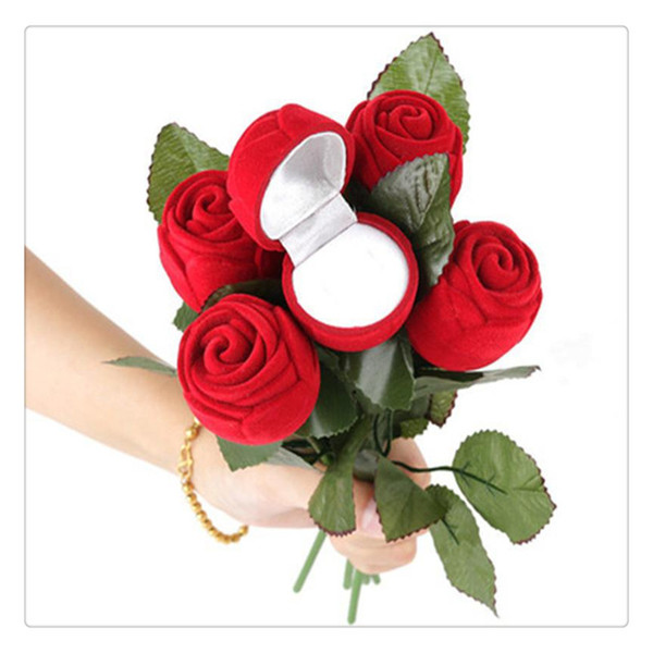 Romantic Red Rose Flower Ring Box Jewelry Gift Box for Wedding Party Valentines Day Decoration Supplies Charm Fashion