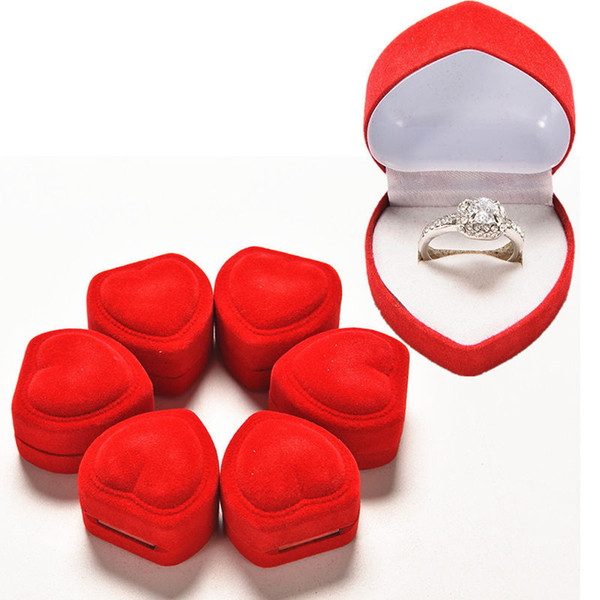 Mini Cute Red Carrying Foldable Case Display Jewelry Box Packaging Durable Red Heart Shaped Lid Open Velvet Ring Box 20Pcs