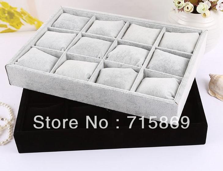 Free Ship 2pcs 12 Velvet Bracelet Jewelry Display Pillows Bangle/ Watch Small Storage Tray Gray and Black Color