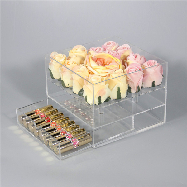 New Clear Acrylic Rose Flower Box With Drawer Makeup Organizer Valentine's Day Wedding Gift Flower Drawer Box With Cover Wholesale