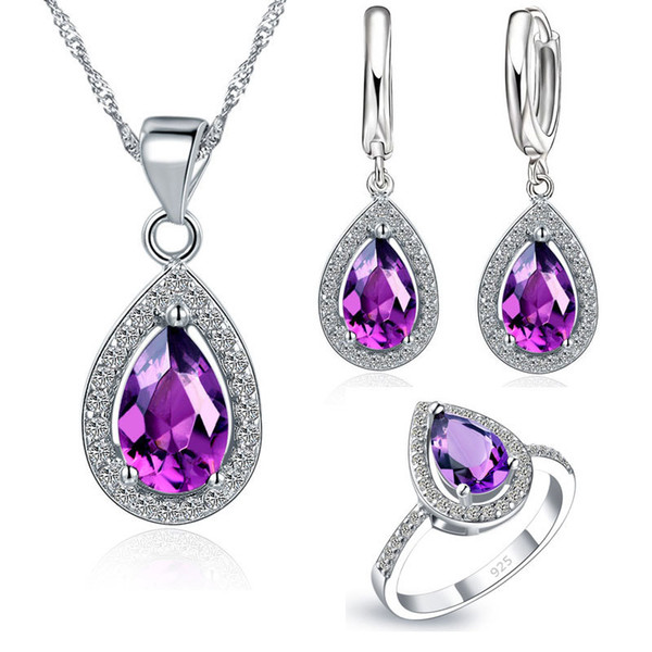 Purple Jewelry Sets Water Drop Cubic Zirconia CZ Stone 925 Sterling Silver Earrings Necklaces Finger Rings