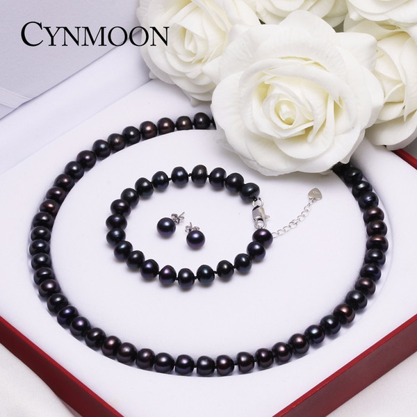 2017 New Black Color Pearl Necklace Sets 8-9mm Black Natural Pearl Jewelry 925 Sterling Silver Jewelry For Women