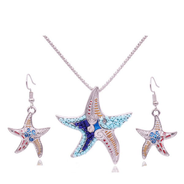 Wholesale 5 Set For Women Seed Bead Sea Star Necklace Earring Vintage earrings easel stand holder glass gifts Jewelry