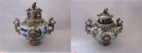 2 Style Old Porcelain & Tibet Silver Hand Painted Incense Burner & Monkeys Lid Jewelry Gift Christmas