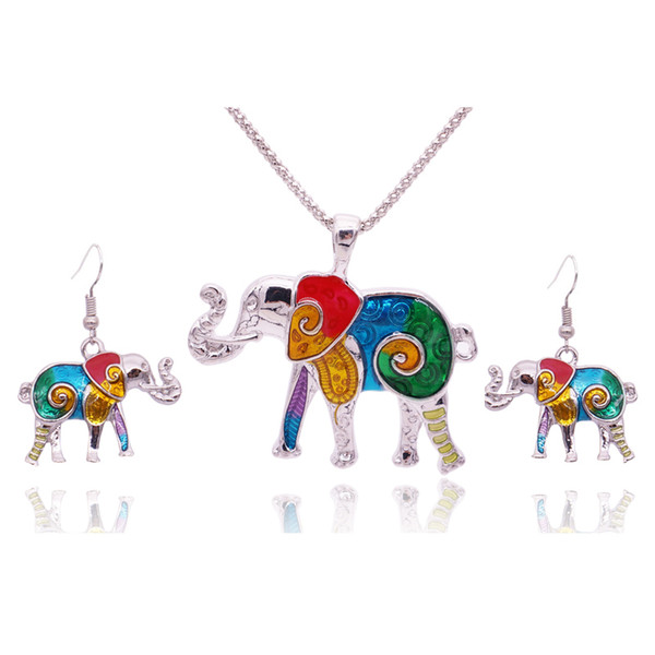 Wholesale 5 SetsColorful Enamel Elephant Jewelry Sets For Girls Animal Elephant Necklace Earring Set Unique Ethnic Jewelry