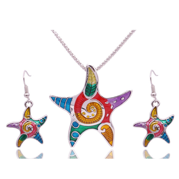 Wholesale 5 Sets Fashion Enamel Starfish Jewelry Sets For Girls Animal Starfish Necklace Earring Set Vintage Ethnic Sea Jewelry