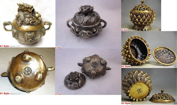 3 Style Wholesale Chinese Brass Hollow Carved Lotus / Dragon Incense Burner Jewelry Gift Christmas