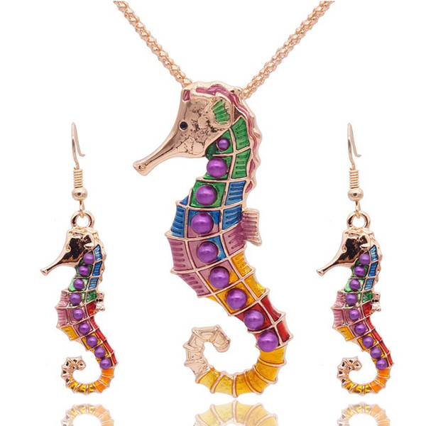 Wholesale 5 SetsEnamel Sea Horse Jewelry Sets For Girls Sea Animal Hippocampus Necklace Earring Set Vintage Ethnic Sea Jewelry