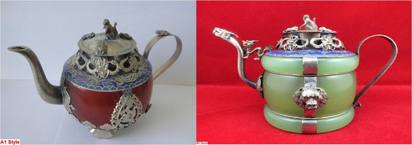 2 Style Collectible Decorated Old Handwork Jade & Tibet Silver Dragon Tea Pot Monkey Lid Jewelry Gift Christmas