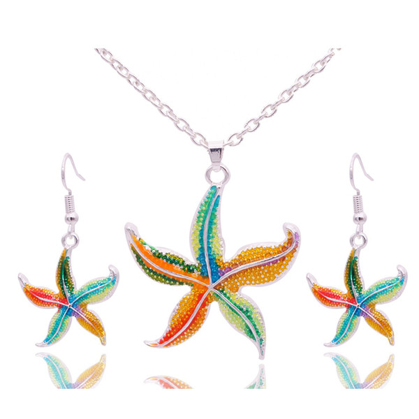 Wholesale 5 sets Multi Color Enamel Starfish Pendant Necklace Unique Ethnic Sea Star Jewelry Set