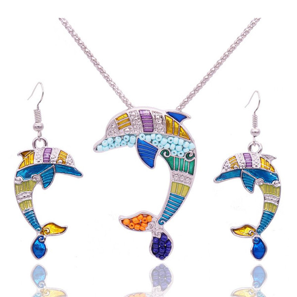 Wholesale 5 Sets2016 Summer Enamel Dolphin Jewelry Sets For Women Animal Dolphin Necklace Earring Set Unique Ethnic Sea Jewelry