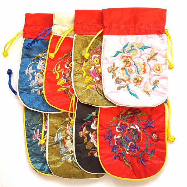 satin jewelry bag, with hand-embroidered design, small pouches for jewelry packaging, Mix Color, sold by lot (10pcs/lot)