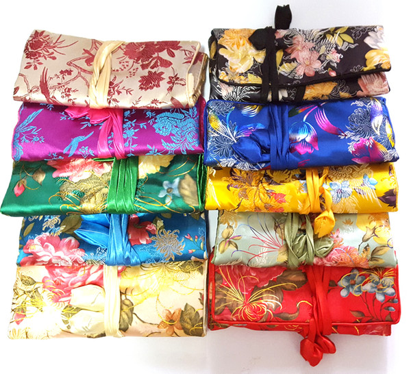 Women Jewelry Roll Travel Storage Bag, Silk Embroidery Packaging Pouches, Mix Color, sold by lot (10pcs/lot)