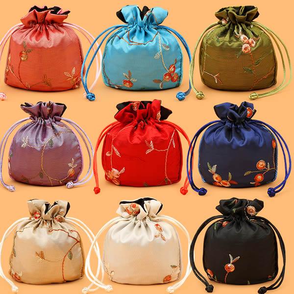 Jewelry Drawstring Bags, Satin gift Packaging bags, round edge with leaf design, mixed color, sold by lot (20pcs/lot)