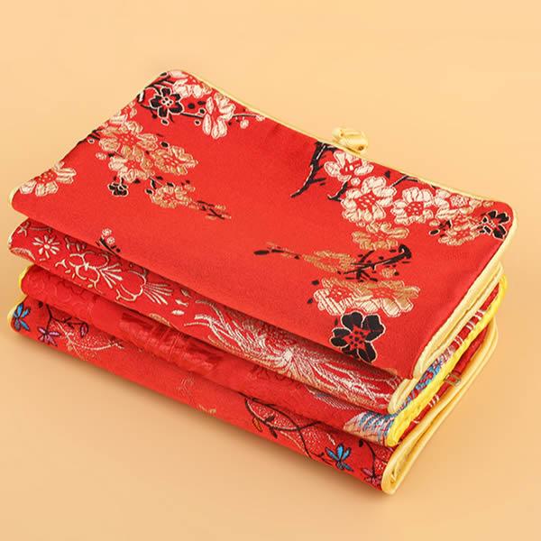 Satin pouches, with embroidered flower pattern, mixed colors, expansion size: 14*9cm, Sold By lot(10pcs/lot)