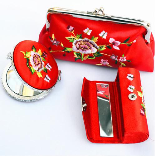 Chinese traditional gift set (satin embroidery wallet, Embroidery mirror, and embroidery lipstic box), more color for choice