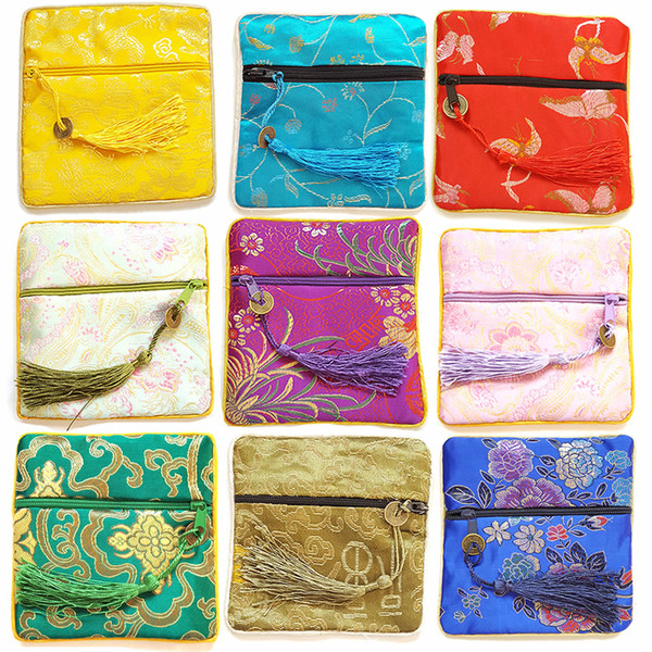 Jewelry Drawstring Bags, Chinese Silk Embroidery Packaging bags, Mix Color, 11.5*11.5cm, sold by lot (10pcs/lot)