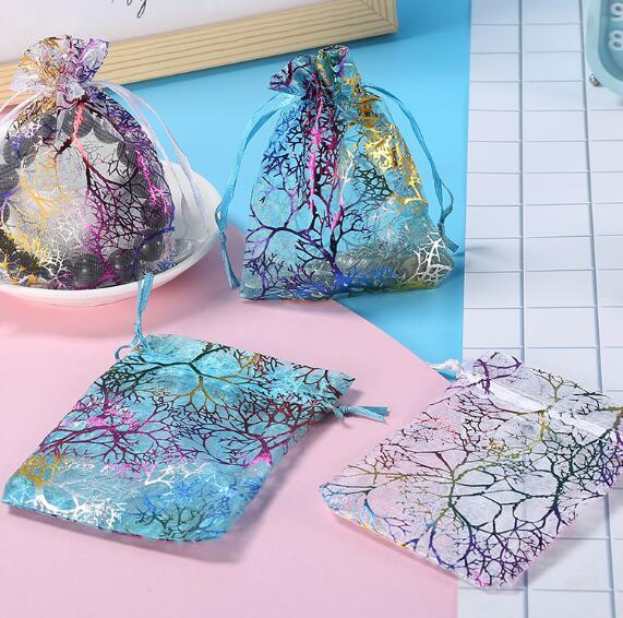 Coralline Pattern Gilding Organza Drawstring Jewelry Packaging Pouches Design Party Candy Wedding Favor Gift Bags 7x9CM 9x12cm 10x15cm 13x18