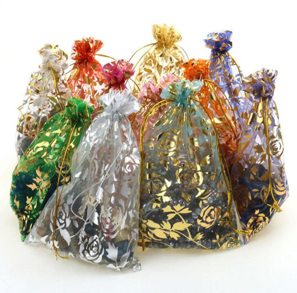 Gold Rose Organza Drawstring Pouches Jewelry Party Wedding Gift Bags 7x9CM (2.75x3.54 inch 500 piece ( one colour Pack of 100) Random Colour