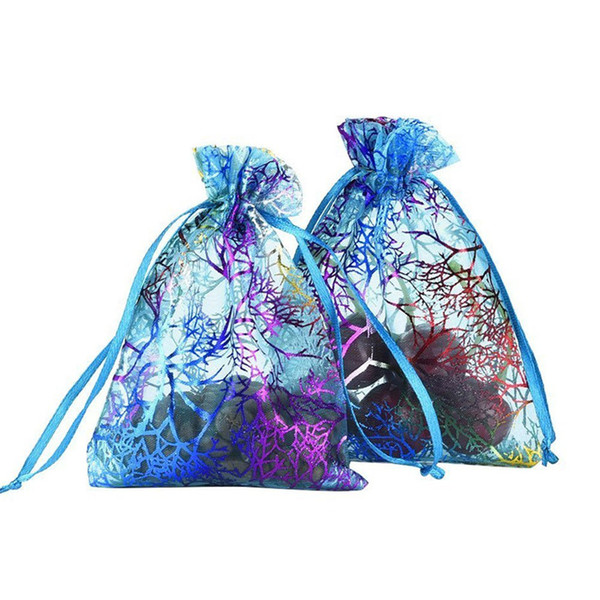 100 Pcs Blue Coral Fashion Organza Jewelry Gift Pouch Bags 7x9cm (2.7X 3.5 inch) Drawstring Bag Organza Gift Candy Bags DIY Gift Bags