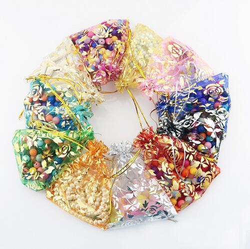 Colorful Gold Rose Transparent Packs Drawstring Pouch Sachet Organza Gift Bag For Jewelry Wedding Party Beads Packing GB397