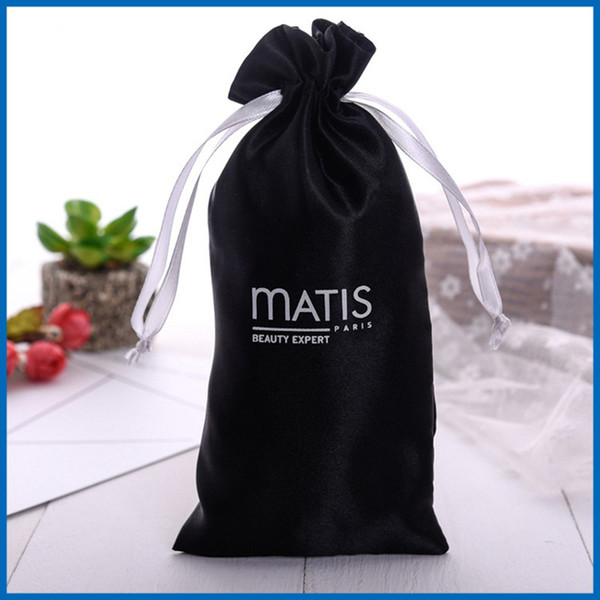 12X20cm Custom Logo Wig Packaging Black Satin Hair Extension Bag Dustproof Hand Cream Silk Drawstring Pocket Wholesale