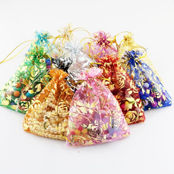 100pcs/lot 7*9cm 9*12cm Floral Oganza Bags With Drawstring Gift Wraps 10Colors Jewelry Collection Pouches for Party Wedding