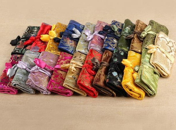 5 pcs per bag Portable Folding Jewelry Travel Storage Bag Roll Up Bag 3 Zipper Silk Brocade Pouch Drawstring