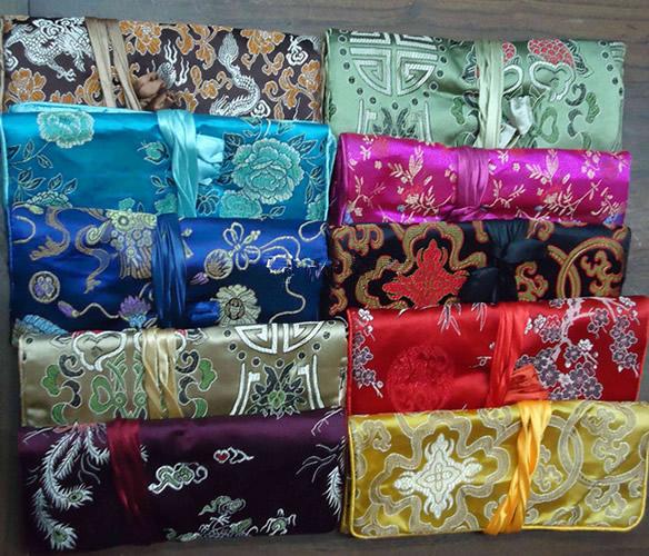 Women Large Jewelry Roll Travel Storage Bag, Chinese Silk Embroidery Packaging Pouches, Mix Color, sold by lot (10pcs/lot)