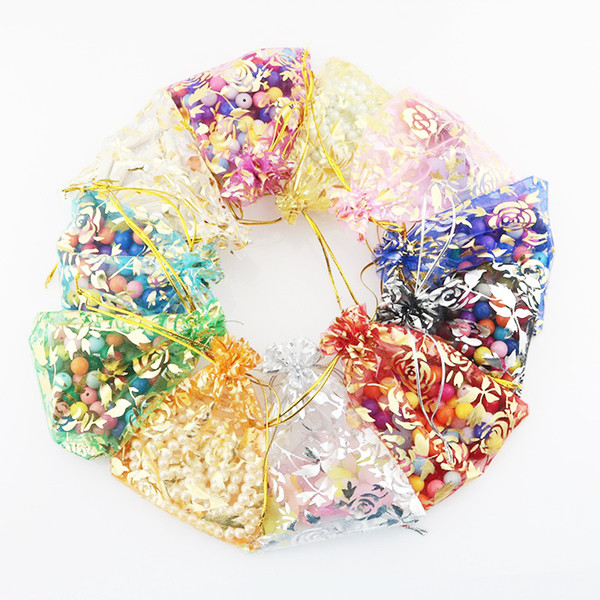 100pcs/lot 7*9cm 9*12cm Brozing Floral Oganza Bags With Drawstring Gift Wraps 10Colors Jewelry Collection Pouches for Party Wedding