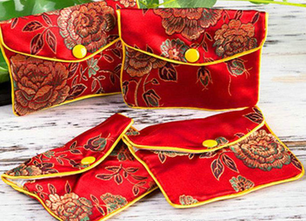 50pcs/lot RED Floral Zipper Coin Purse Pouch Gift Bags for Jewelry Silk Bag Pouch Chinese Credit Card Holder 6x8 8x10 10x12 cm Wholesale