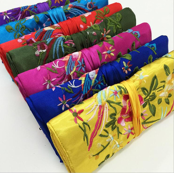 Chinese traditional Silk Fashion style Women Jewelry Roll Travel Storage hand-Embroidery satin Bag Packaging Pouches mixed colors