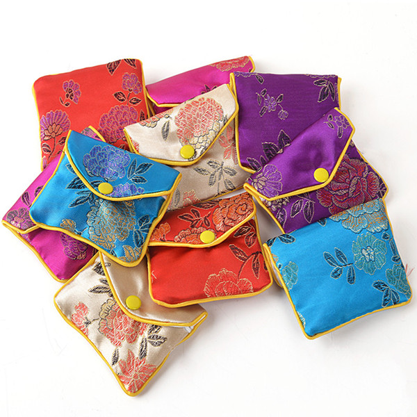 Floral Zipper Coin Purse Pouch Small Gift Bags for Jewelry Silk Bag Pouch Chinese Credit Card Holder 6x8 8x10 10x12 cm Wholesale 120pcs/lot