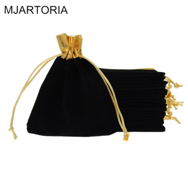 Mjartoria 50pcs Velvet Drawstring Gift Bags Black Gold Tone Wedding Gift Bags Pouches For Packaging Storage High Quality Pouches 12x15cm