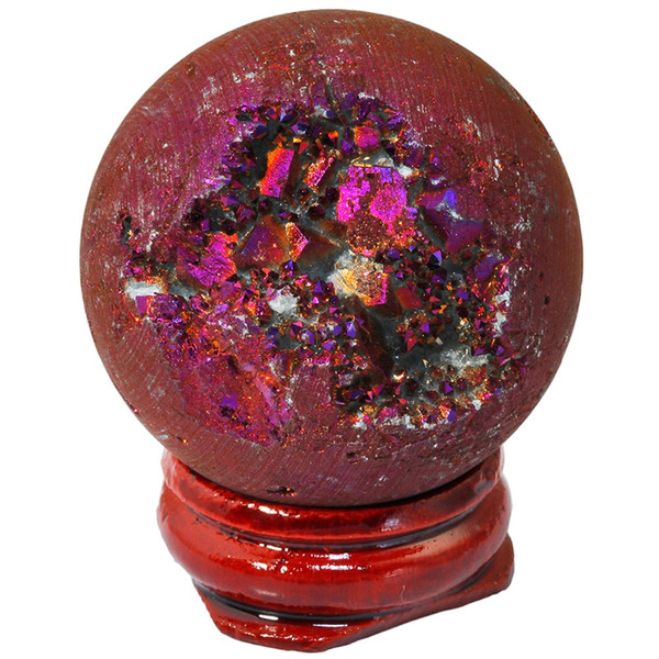 SUNYIK Purple Titanium Coated Druzy Agate Geode Sphere Ball Divination Reiki Healing Figurine With Wood Stand