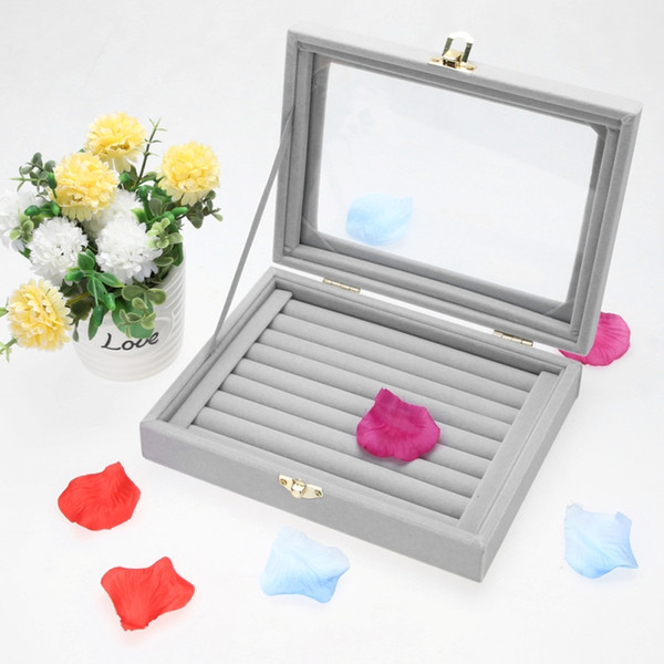 Gray 8 Booths Velvet Carrying Case with Glass Cover Jewelry Ring Display Box Tray Holder Storage Box Organizer 2018