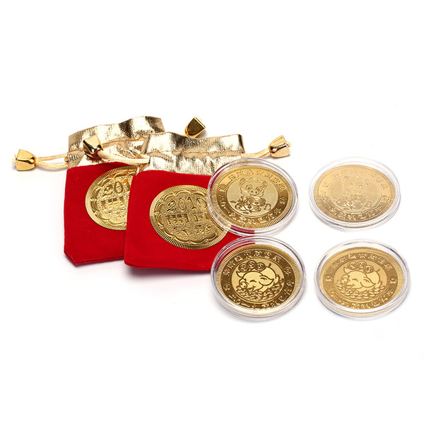 2019 New 2019 Cartoon Pig Gold Plated Fortune Lucky Coin Year Of Pig Coins With Velvet Bag New Year Gift Jewery Display Decor