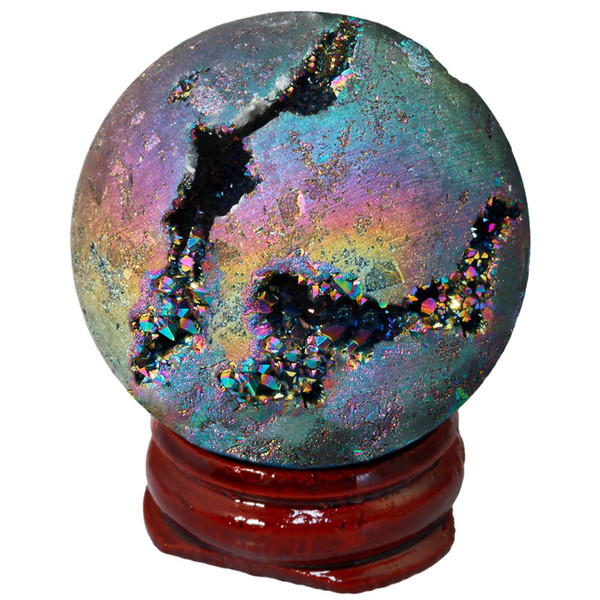 SUNYIK Rainbow Aura Titanium Coated Druzy Agate Geode Sphere Ball Divination Reiki Healing Figurine With Wood Stand