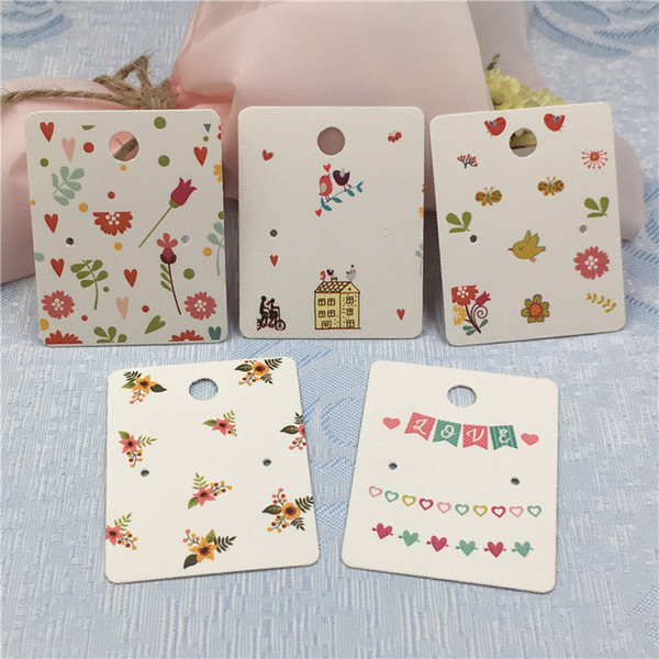 100Pcs/lot 5x4cm Kraft Paper Earrings Displays' Card Decorated With Colorful Flowers And Birds DIY Jewelry Cases Card