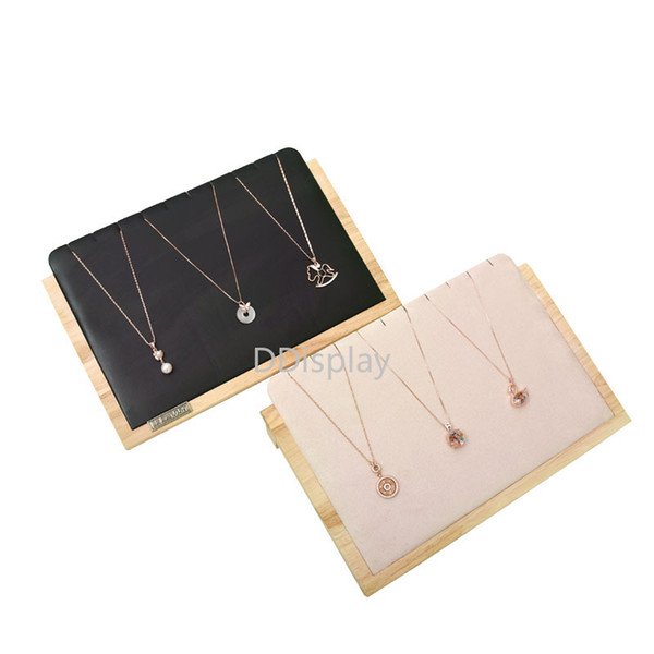 [DDisplay]Muji Style Solid Wood Jewelry Display Black Leather Necklace Storage Tray Beige Velvet Pendant Jewelry Display