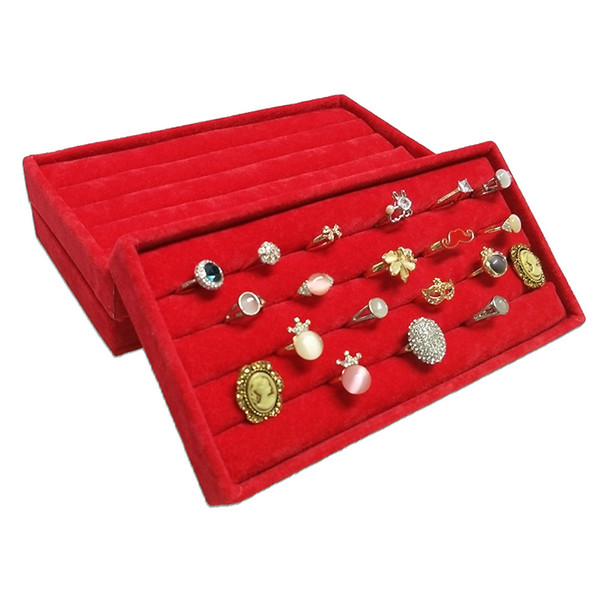 3Pcs Red Velvet Jewelry Ring Display Organizer Storage Case Velvet Earring Stud Cufflinks Ring Storage Box Tray Ring Bar Tray 11*22*3 cm