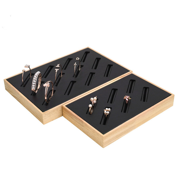 [DDisplay] Muji Style Solid Wood Bracelet Jewelry Display Creative Jade Bracelet Storage Tray Black leather Bracelet Display Standing