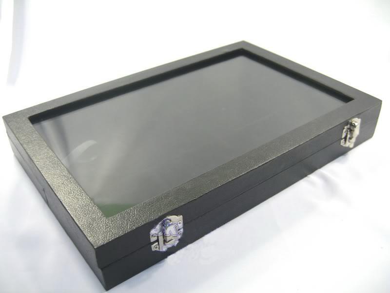 Glass Top Lid Black Velvet 12 Compartments Jewellery Display Case Box