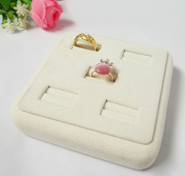 Jewelry Stand 5 Ring Slot Beige Velvet Tray Holder Wood Display Case