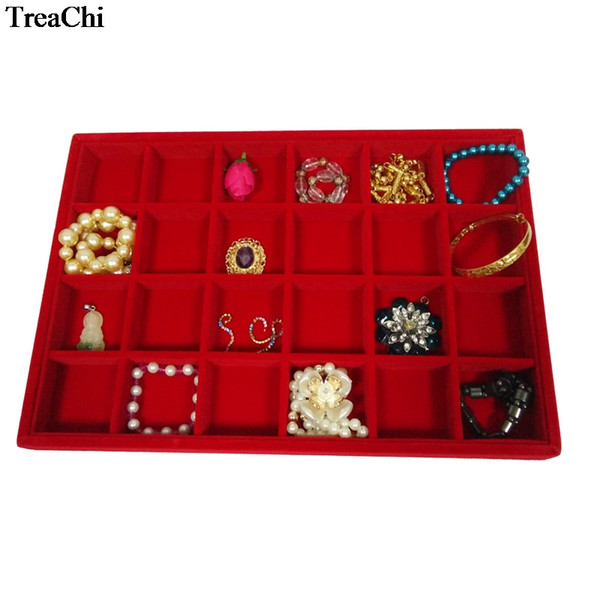 New Big Size 24 Grids Jewelry Tray Red Velvet Pendant Earring Bracelet Display Box Black Jewelry Ring Storage Organizer Case 35*25*3cm